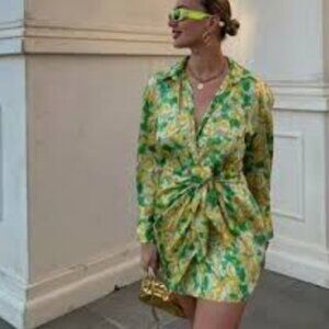 NWOT Zara Vibrant Green and Yellow Wrap Dress, Size XS